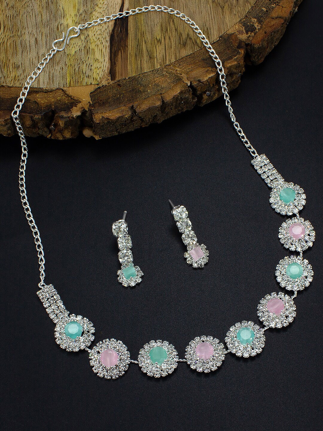 

PRIVIU Rhodium-Plated AD-Studded Jewellery Set, Silver