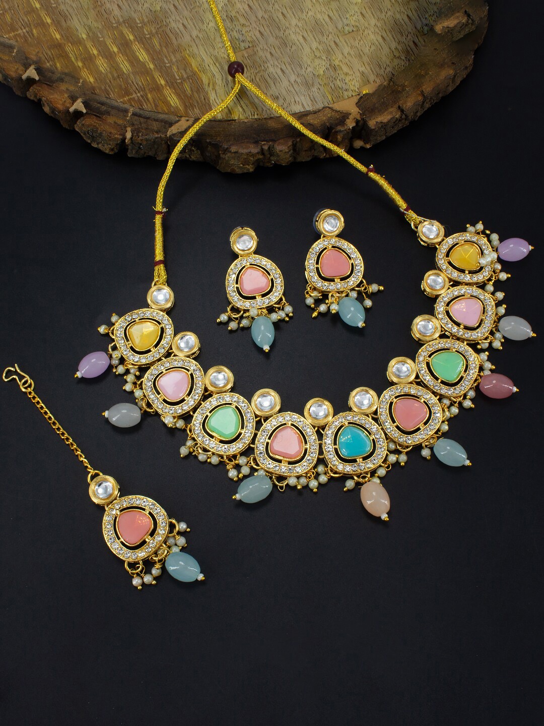 

PRIVIU Gold-Plated AD Stone-Studded Jewellery Set