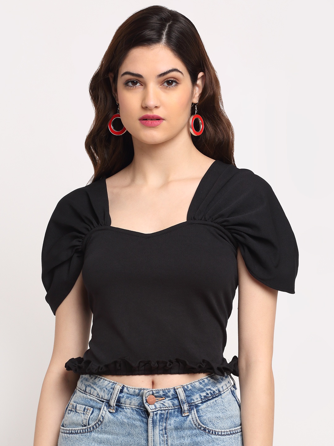 

BAESD Sweetheart Neck Puff Sleeves Ruffled Crop Top, Black