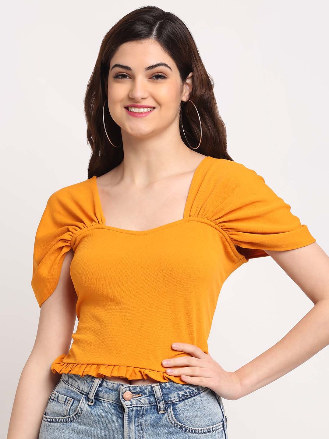 

BAESD Sweetheart Neck Pleated Puff Sleeve Crop Top, Mustard