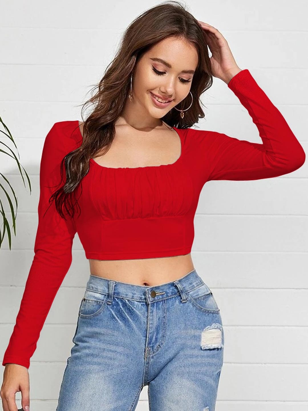 

BAESD Square Neck Long Sleeves Gathered Crop Top, Red