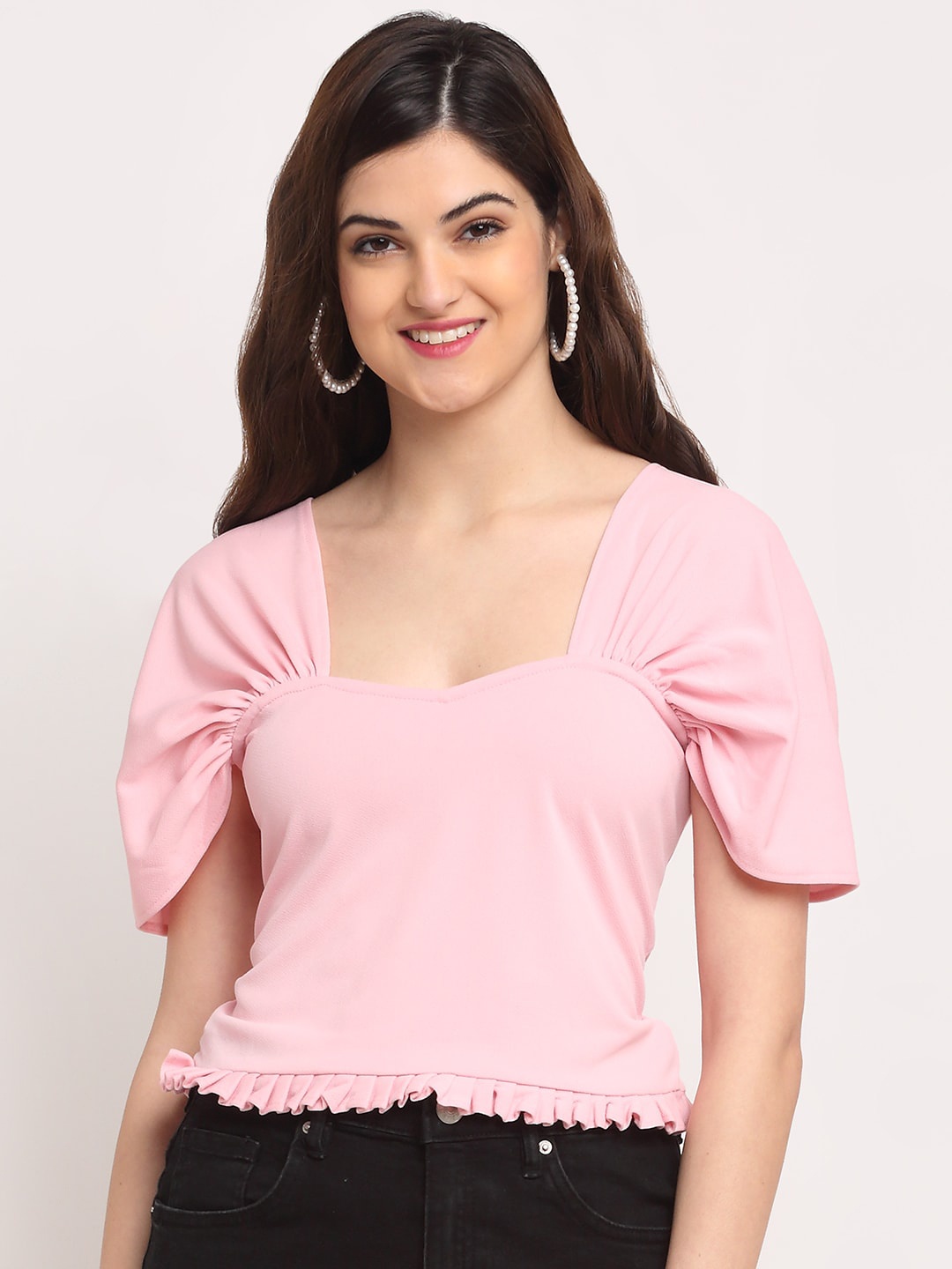 

BAESD Sweetheart Neck Puff Sleeve Crop Top, Pink