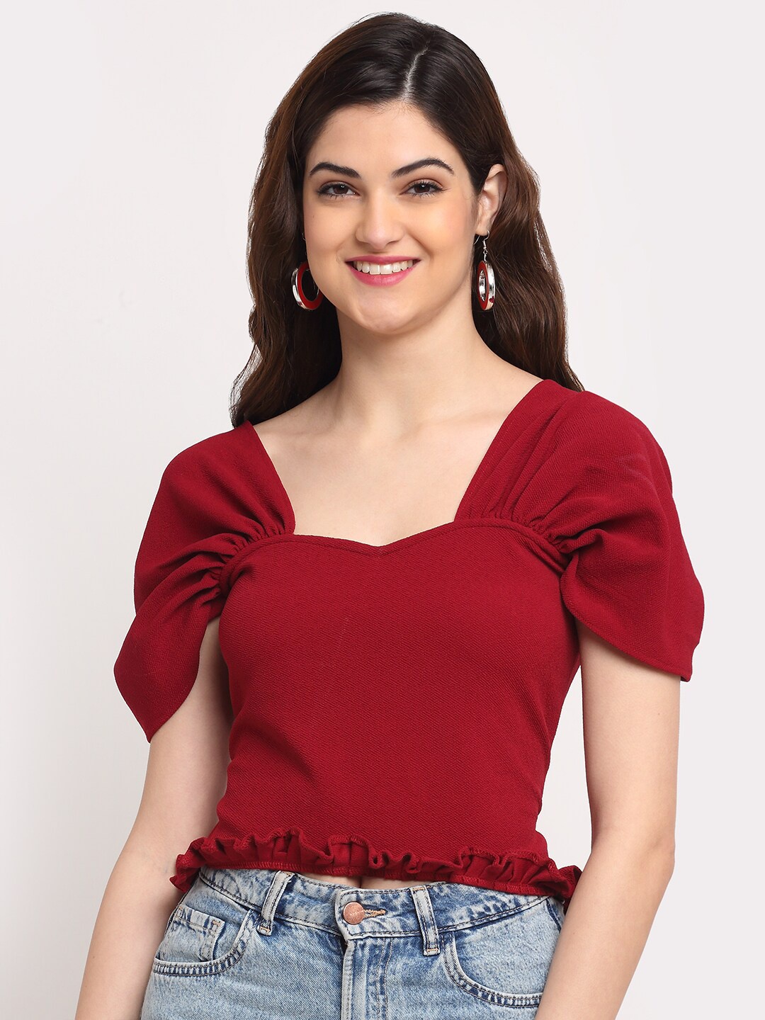 

BAESD Sweetheart Neck Puff Sleeve Crop Top, Maroon
