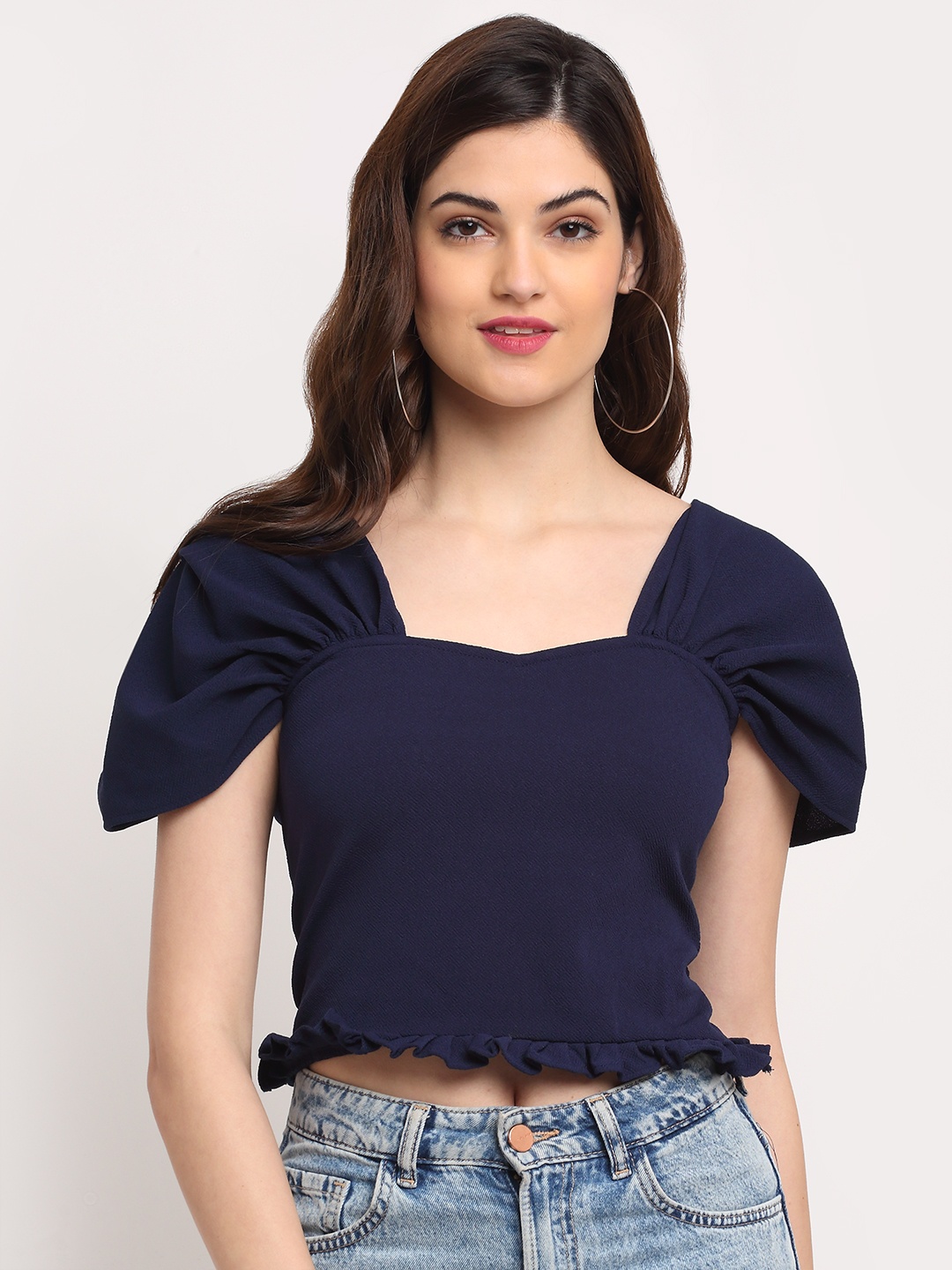 

BAESD Sweetheart Neck Cap Sleeves Ruffled Crop Top, Navy blue