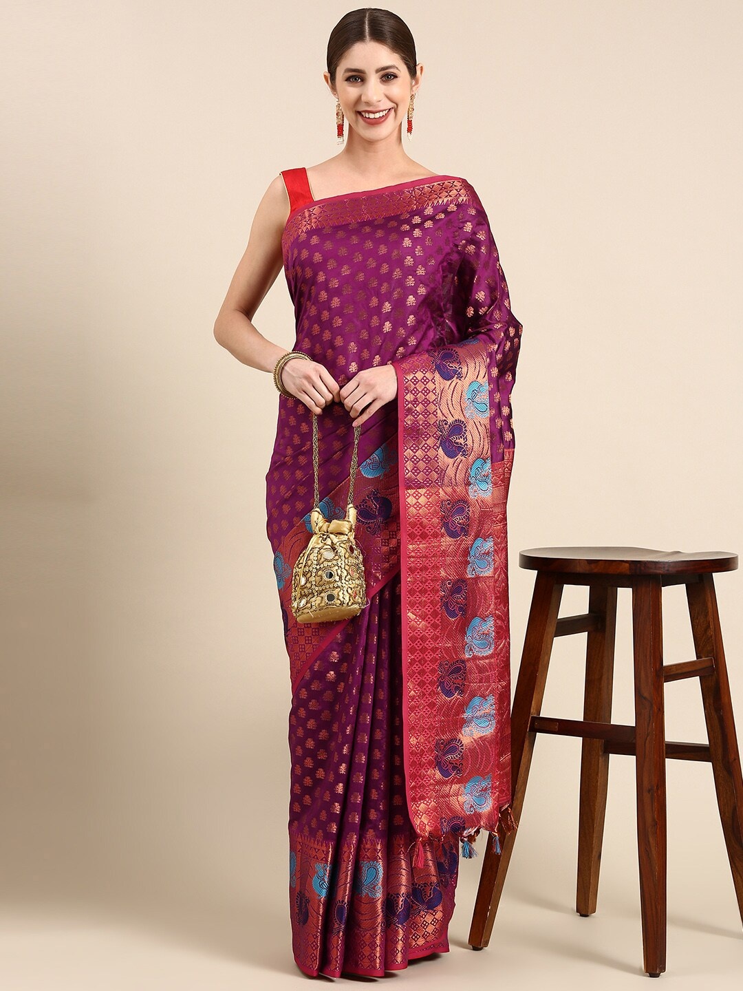 

NOISE Woven Design Zari Silk Blend Banarasi Saree with Tassels, Purple