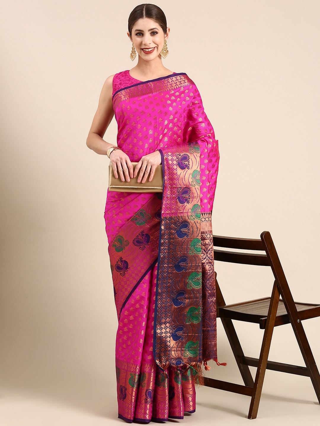 

NOISE Ethnic Motifs Woven Design Zari Banarasi Saree, Pink