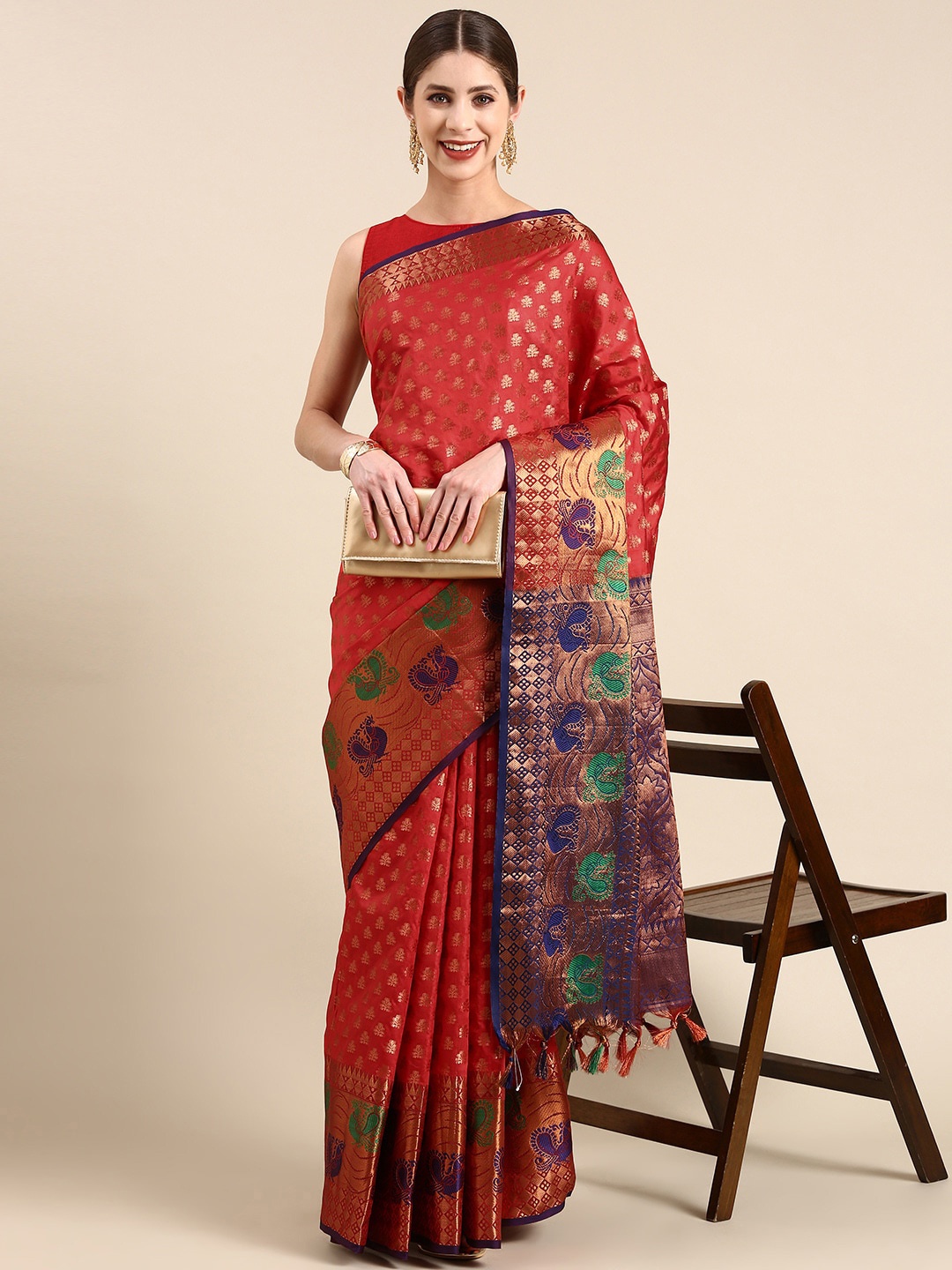 

NOISE Ethnic Motifs Woven Design Zari Banarasi Saree, Red