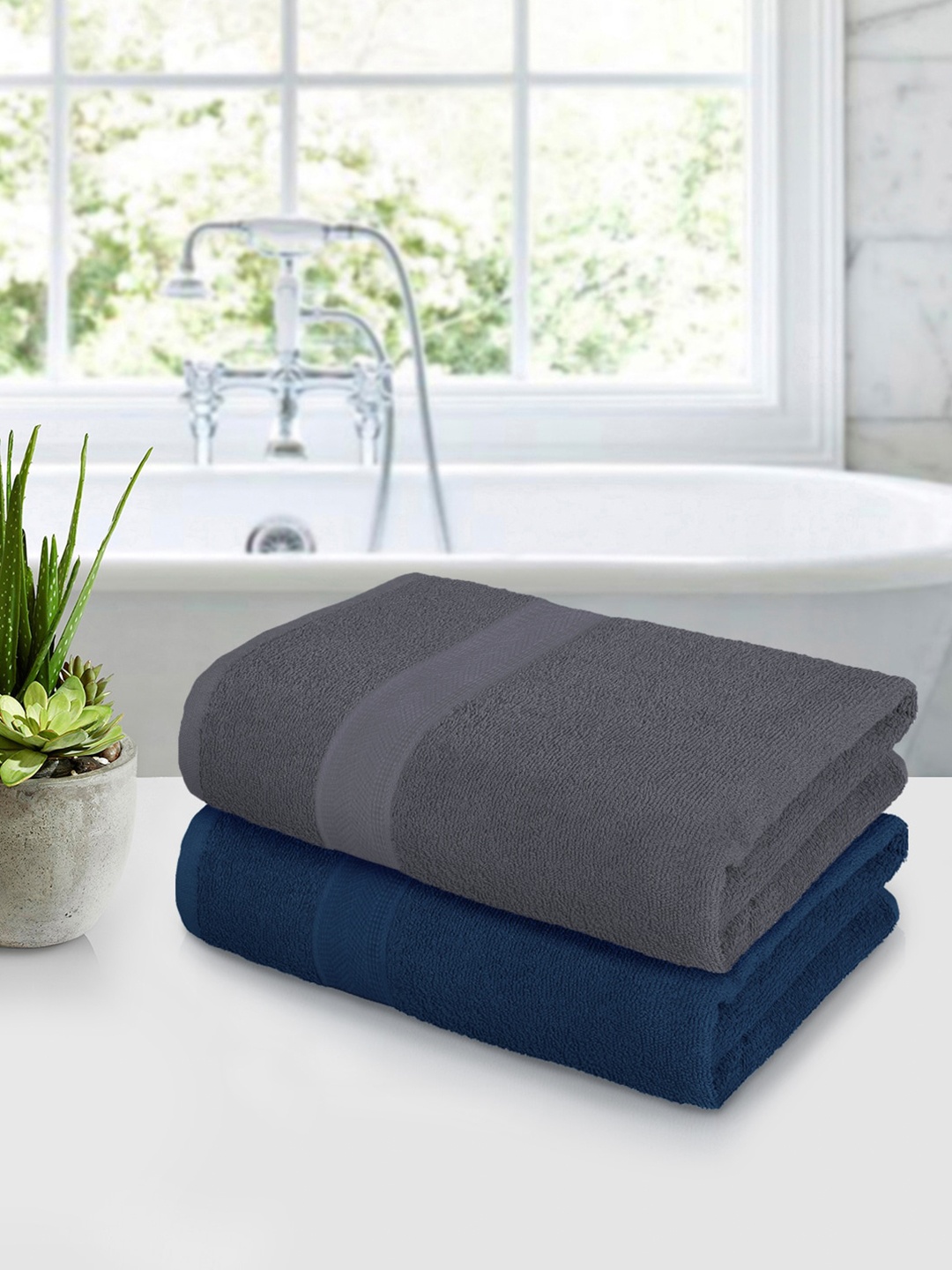 

Story@home Grey & Navy Blue 2 Pieces Cotton 550 GSM Breathable Bath Towels