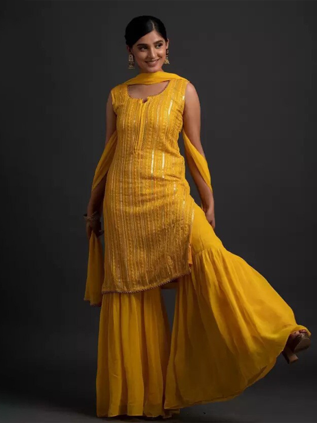 

NIZA FASHION Embroidered Regular Sequinned Kurta With Sharara & Dupatta, Yellow