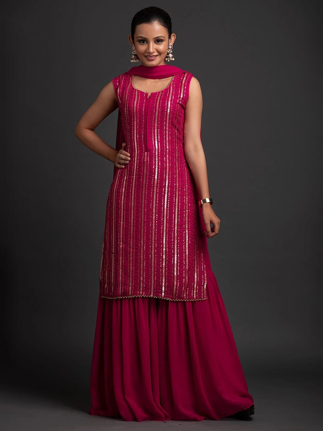 

NIZA FASHION Embroidered Regular Sequinned Kurta with Sharara & Dupatta, Pink