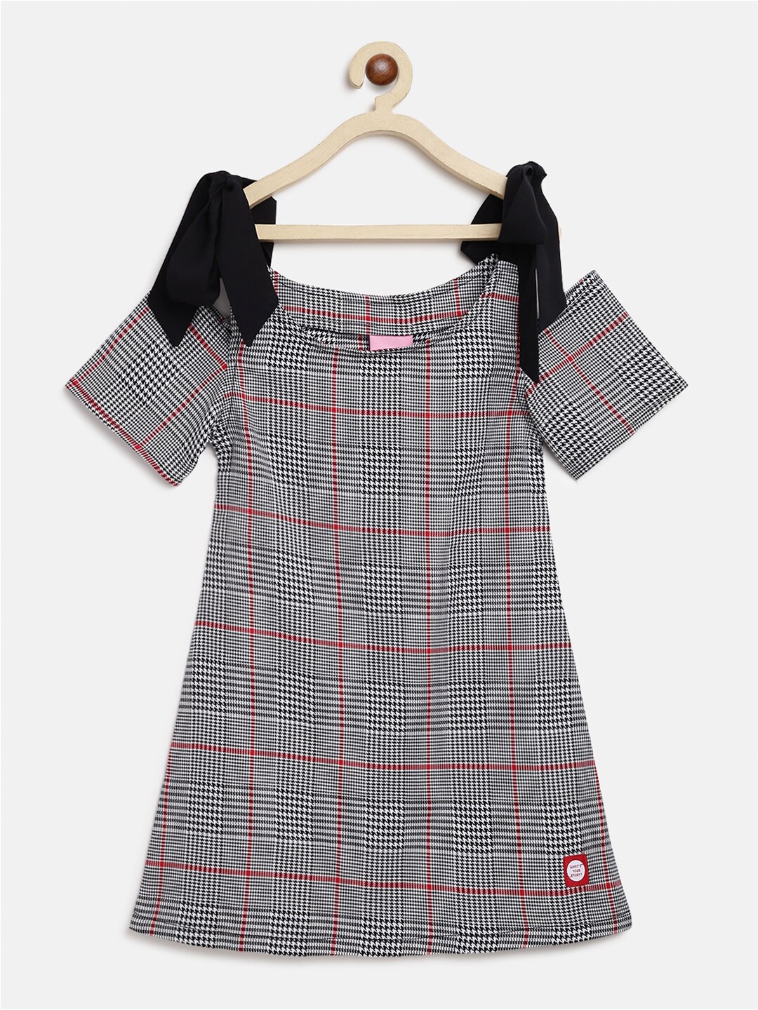 

TALES & STORIES Girls Grey & Black Checked Cold-Shoulder Sleeves Cotton A-Line Dress