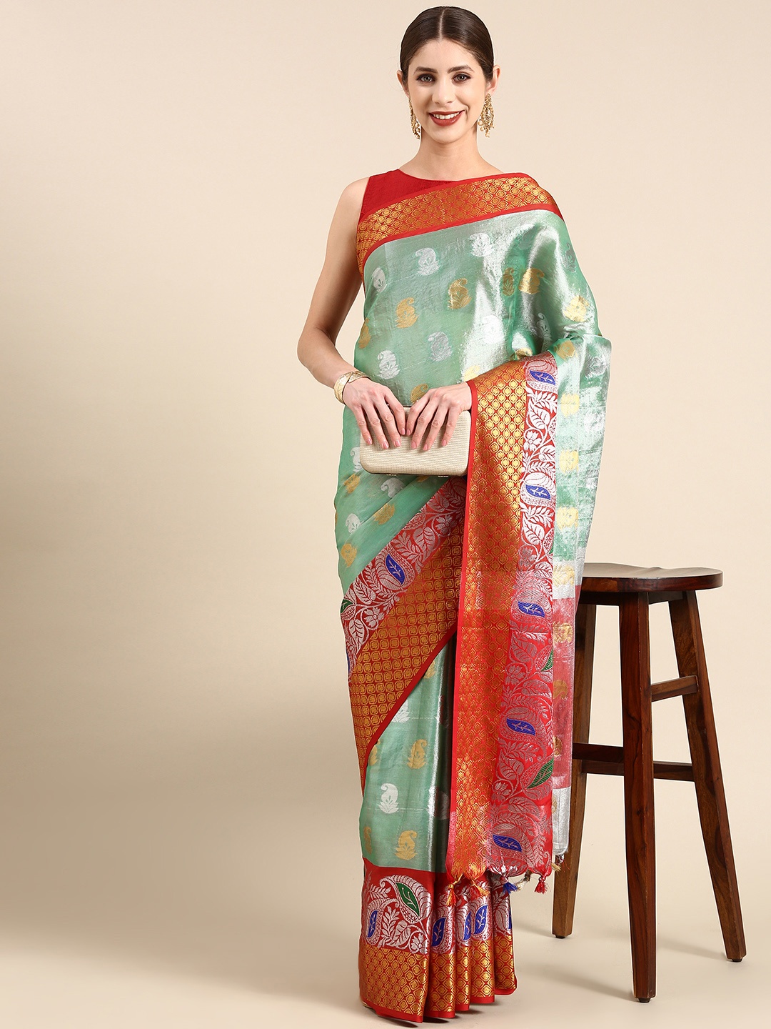 

NOISE Ethnic Motifs Woven Design Zari Tissue Banarasi Saree, Sea green