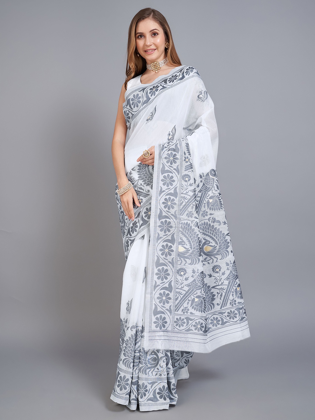 

NIWAA Floral Woven Design Jamdani Saree, Grey