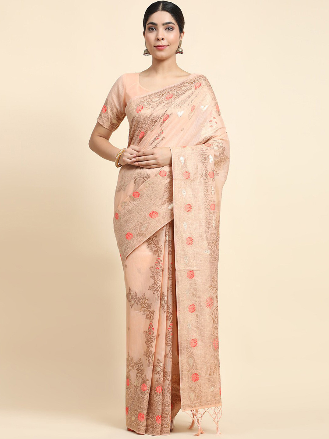 

VANAKARA Ethnic Motifs Woven Design Zari Saree, Peach