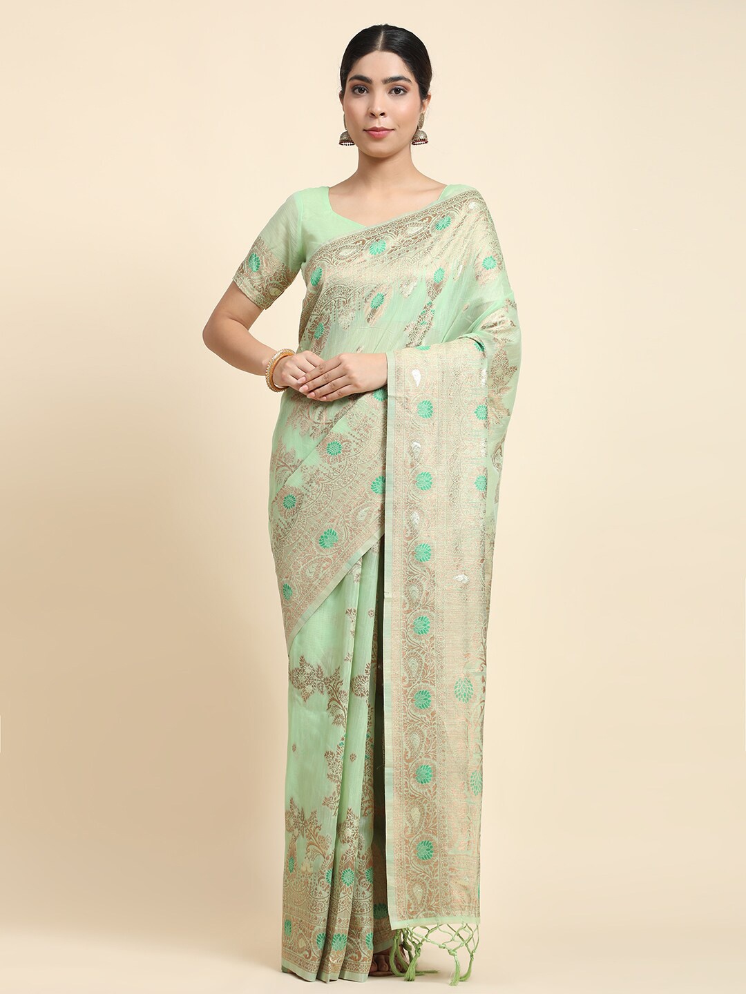 

VANAKARA Ethnic Motifs Woven Design Zari Saree, Green