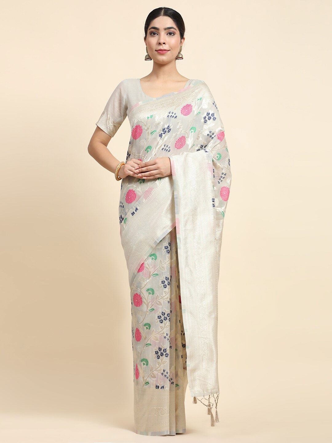 

VANAKARA Floral Woven Design Zari Saree, Grey