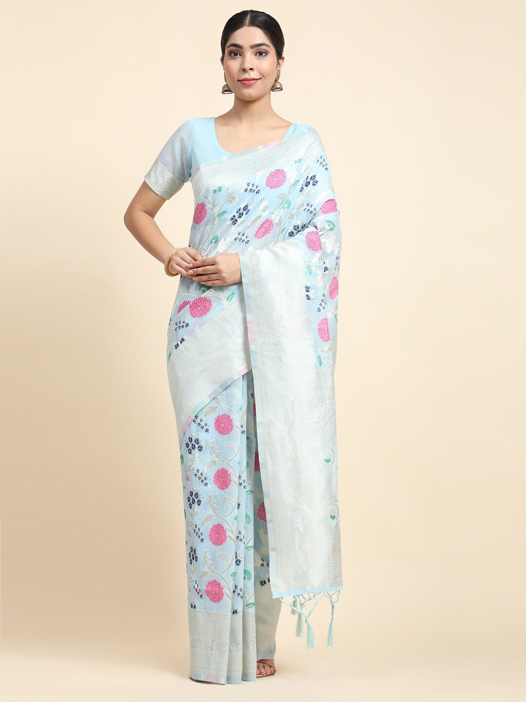

VANAKARA Floral Zari Banarasi Saree, Blue