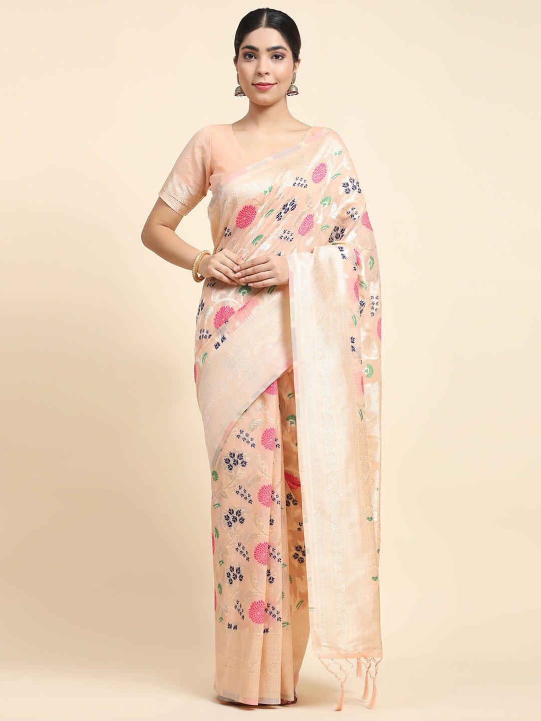 

VANAKARA Floral Woven Design Zari Saree, Peach