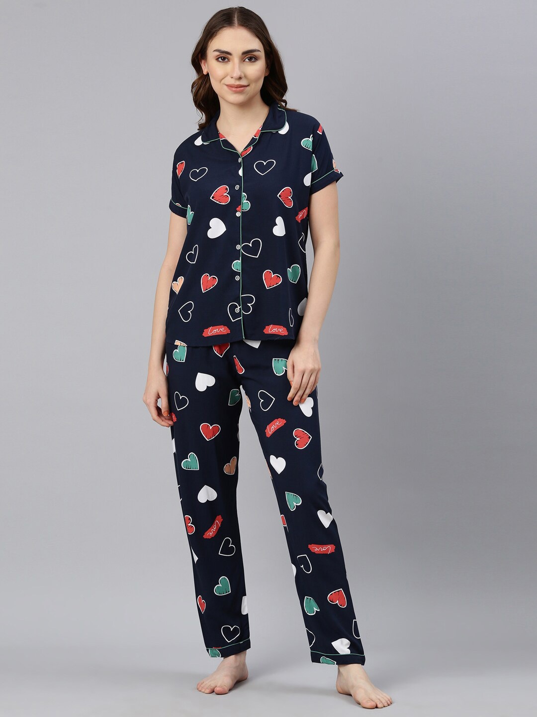 

GOLDSTROMS Conversational Printed Lapel Collar Night suit, Navy blue