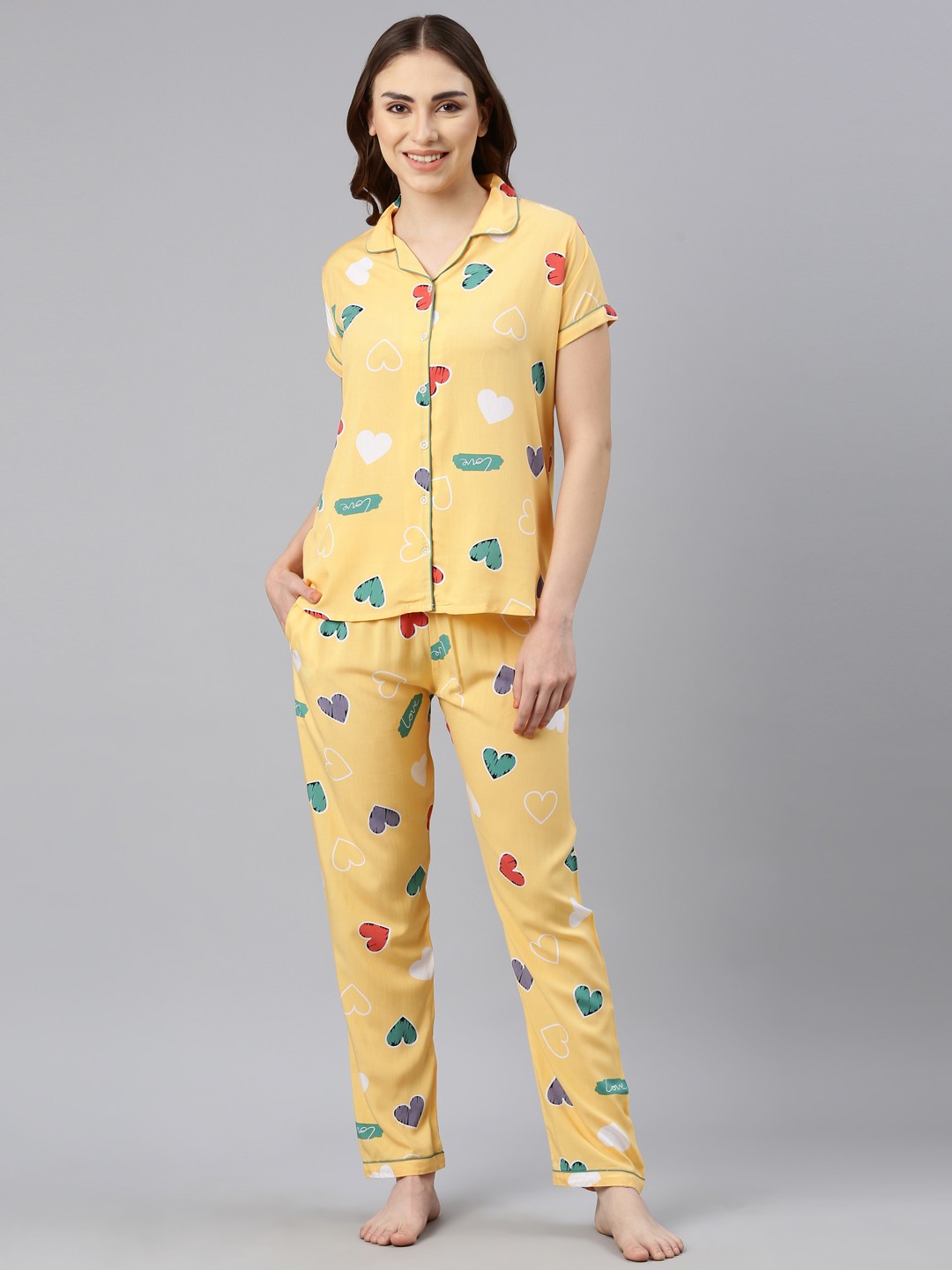 

GOLDSTROMS Conversational Printed Lapel Collar Shirt With Trouser, Yellow