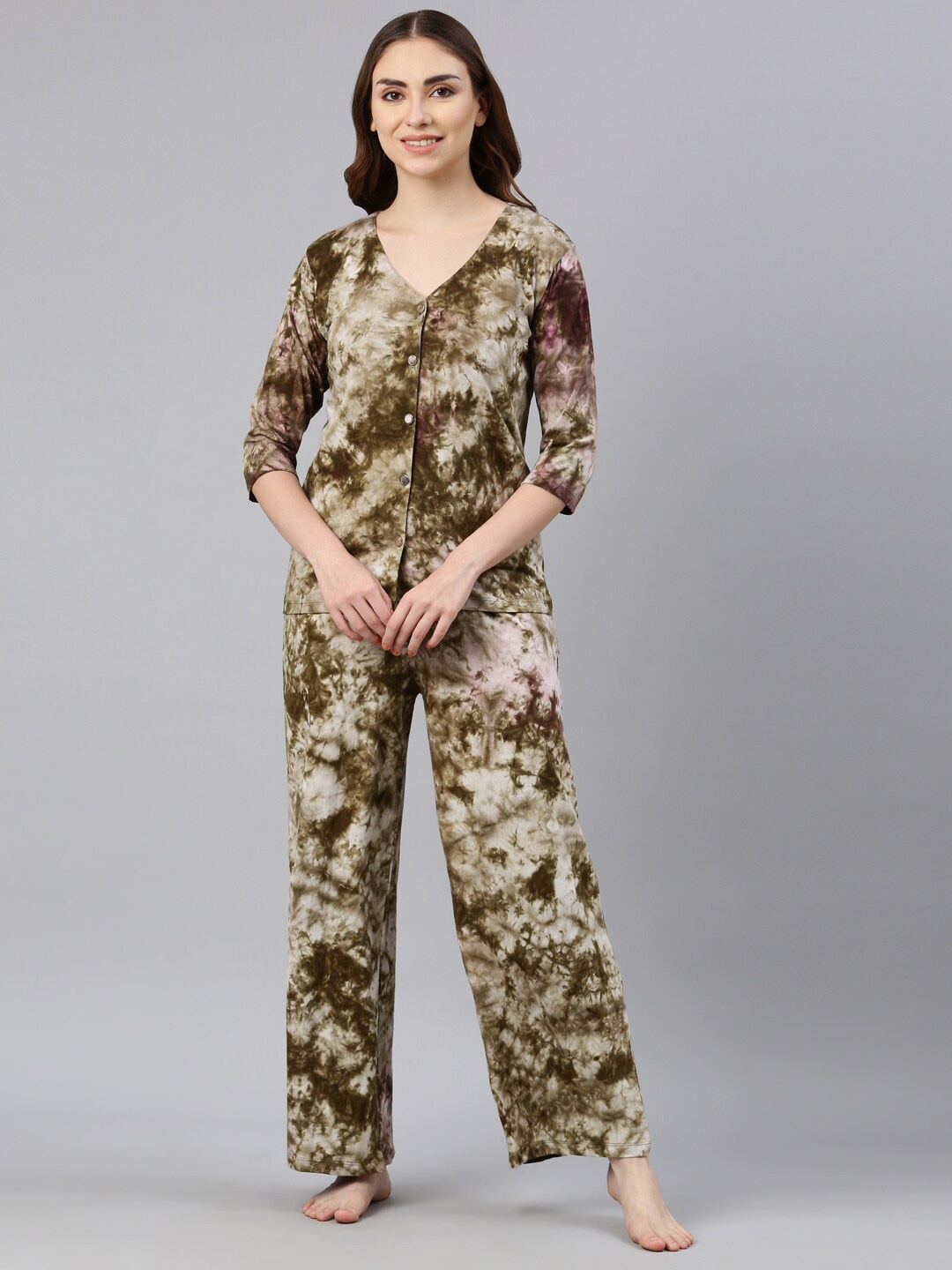 

GOLDSTROMS Tie and Dye Printed Night suit, Khaki