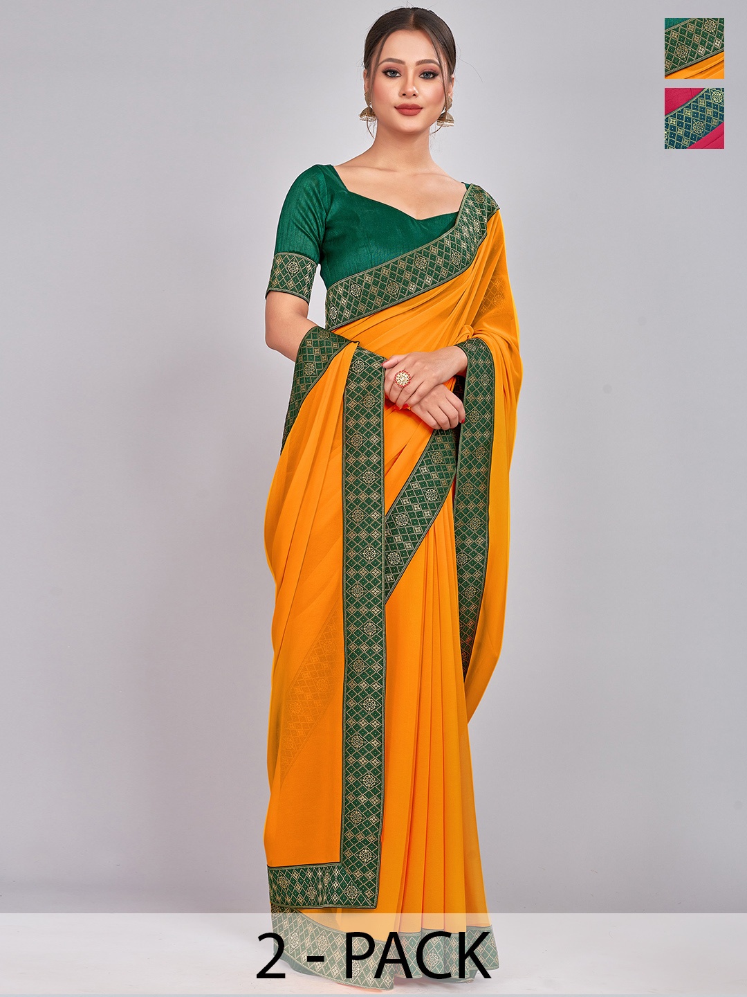 

CastilloFab Selection Of 2 Zari Pure Georgette Saree, Mustard