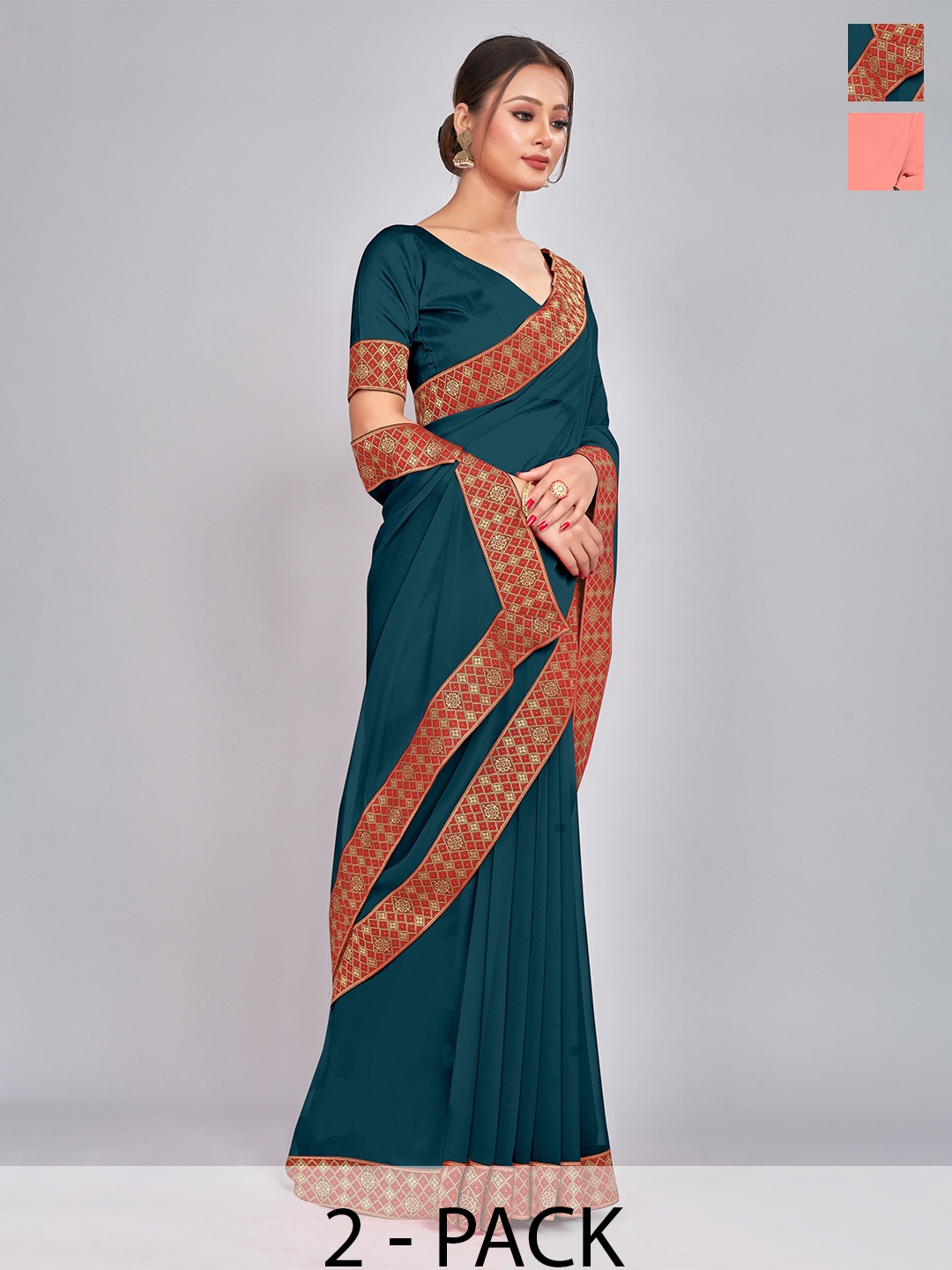 

CastilloFab Selection Of 2 Pure Georgette Saree, Teal