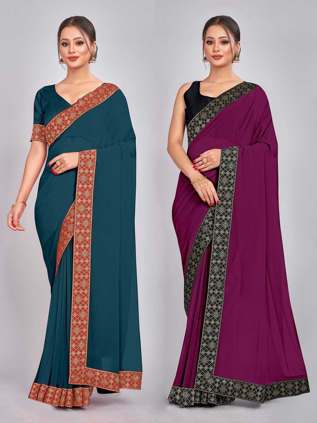 

CastilloFab Zari Pure Georgette Saree, Teal