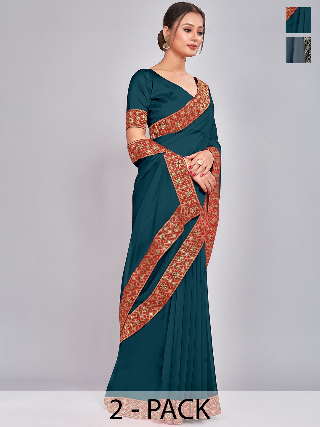 

CastilloFab Selection Of 2 Zari Pure Georgette Saree, Teal