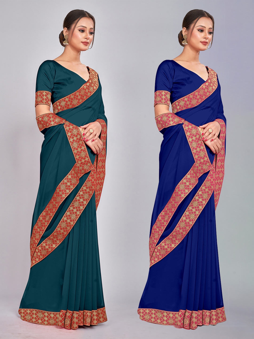 

CastilloFab Selection Of 2 Pure Georgette Saree, Teal