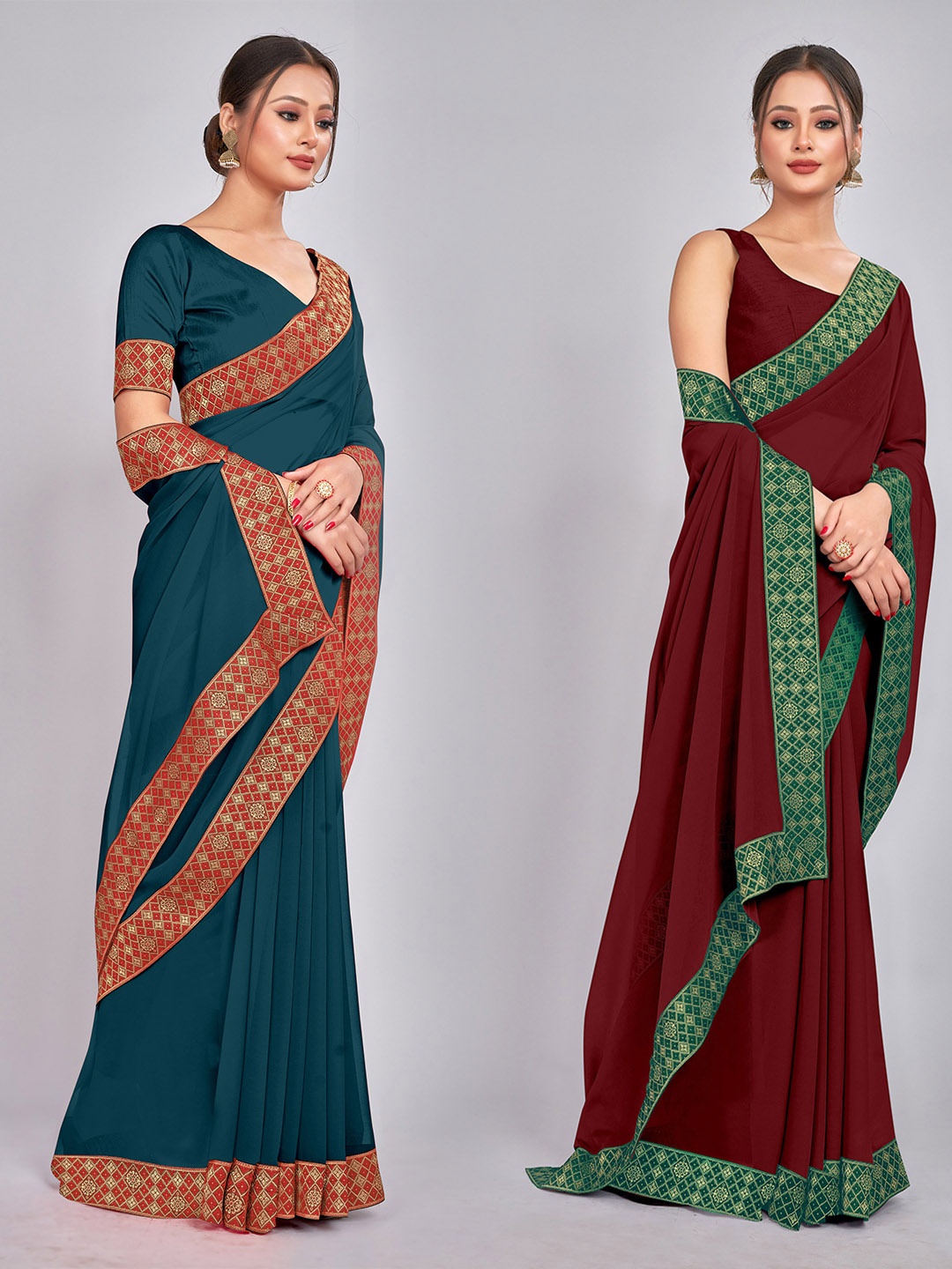 

CastilloFab Selection Of 2 Pure Georgette Saree, Teal