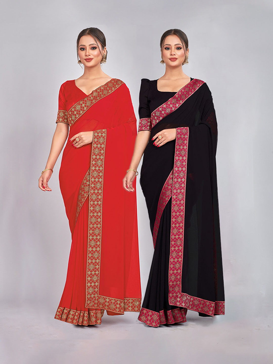 

CastilloFab Selection Of 2 Pure Georgette Sarees, Red