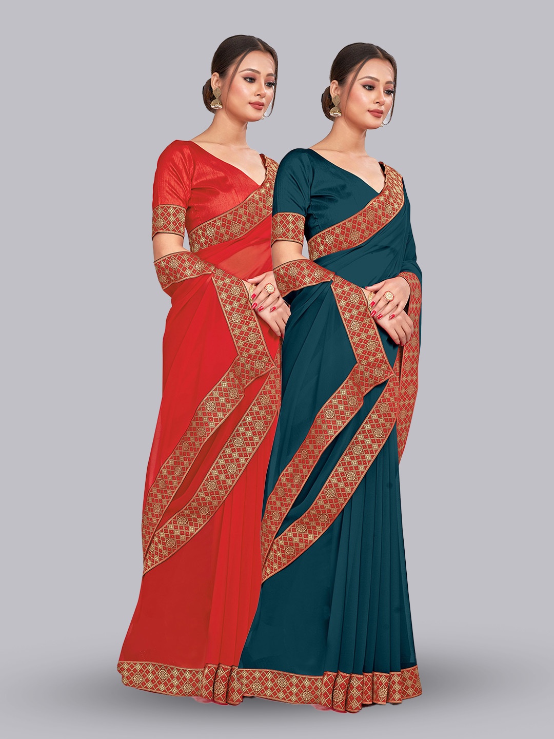 

CastilloFab Selection Of 2 Zari Pure Georgette Saree, Teal