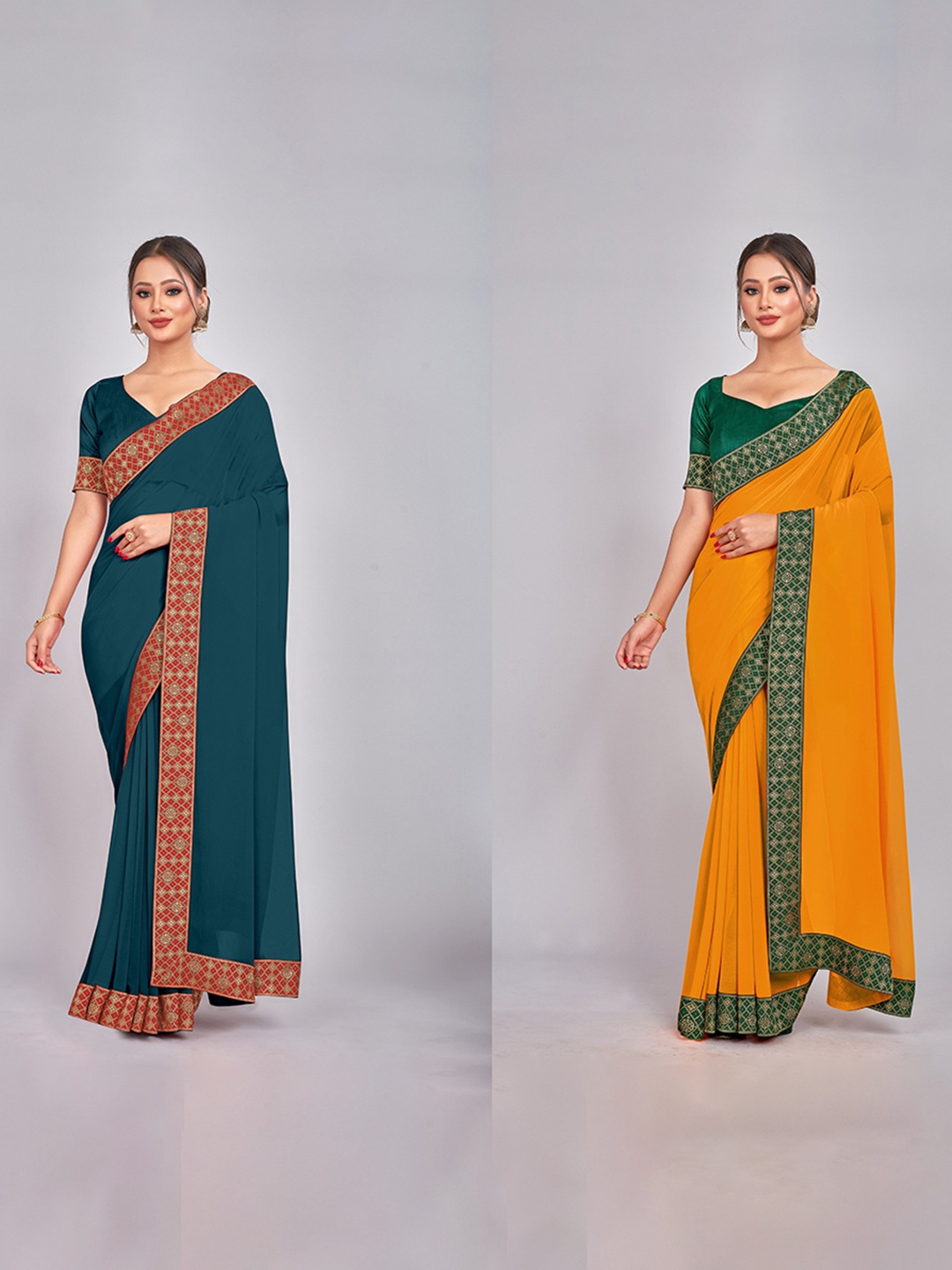 

CastilloFab Selection Of 2 Zari Pure Georgette Saree, Teal