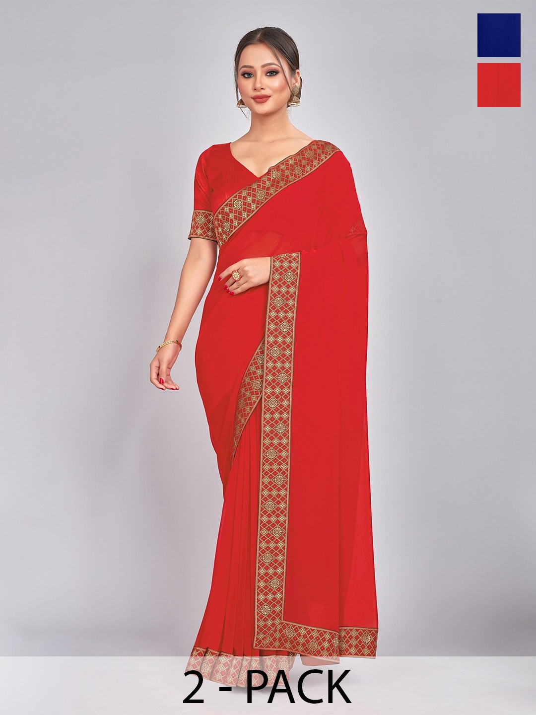 

CastilloFab Zari Pure Georgette Saree, Red