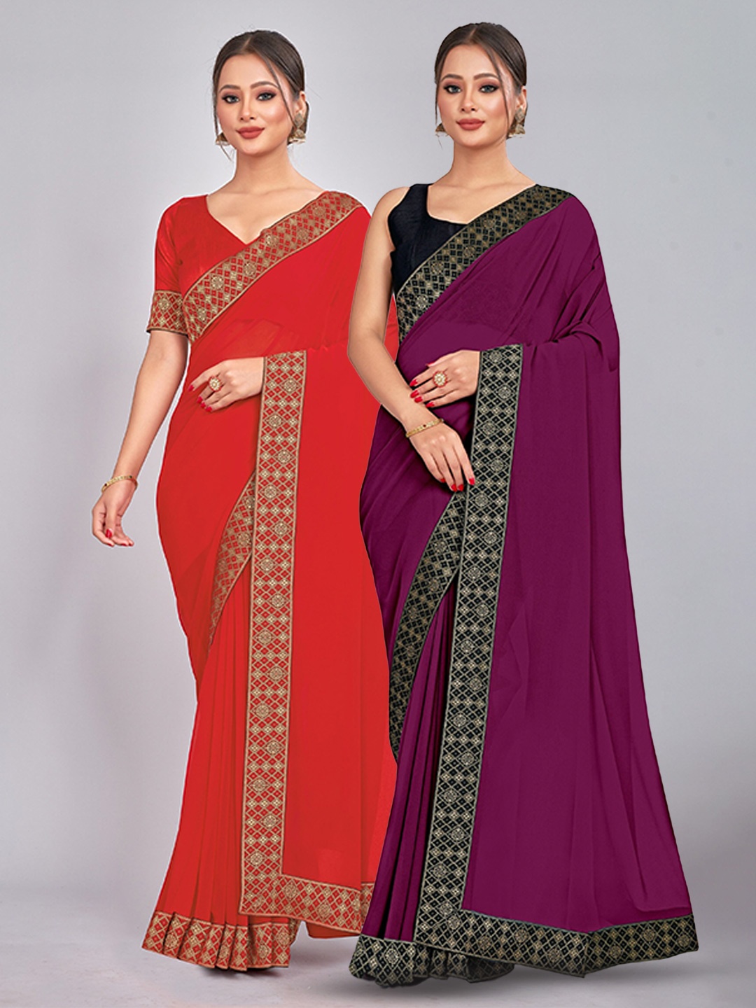 

CastilloFab Selection Of 2 Zari Pure Georgette Saree, Red