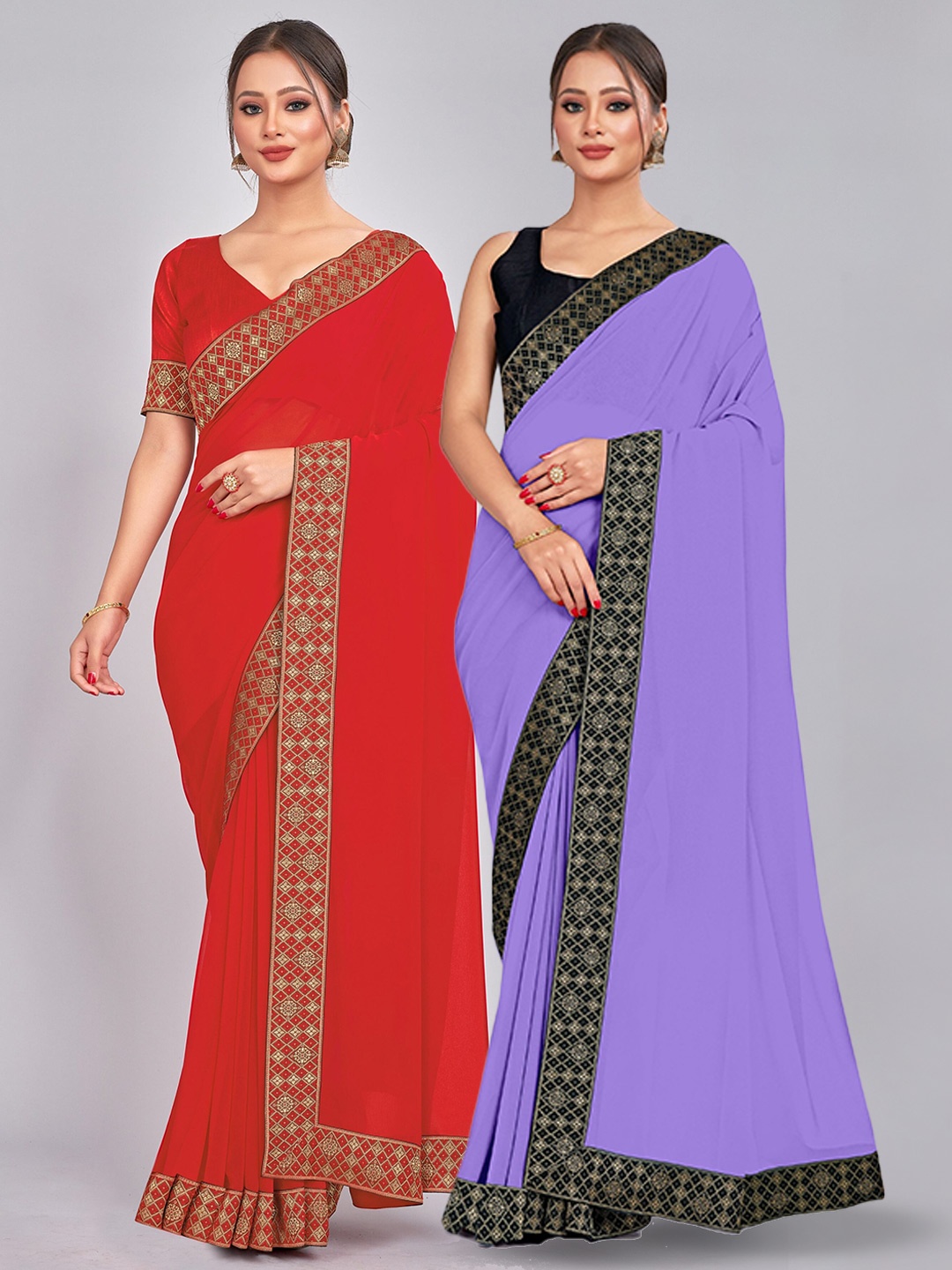 

CastilloFab Selection Of 2 Pure Georgette Saree, Red