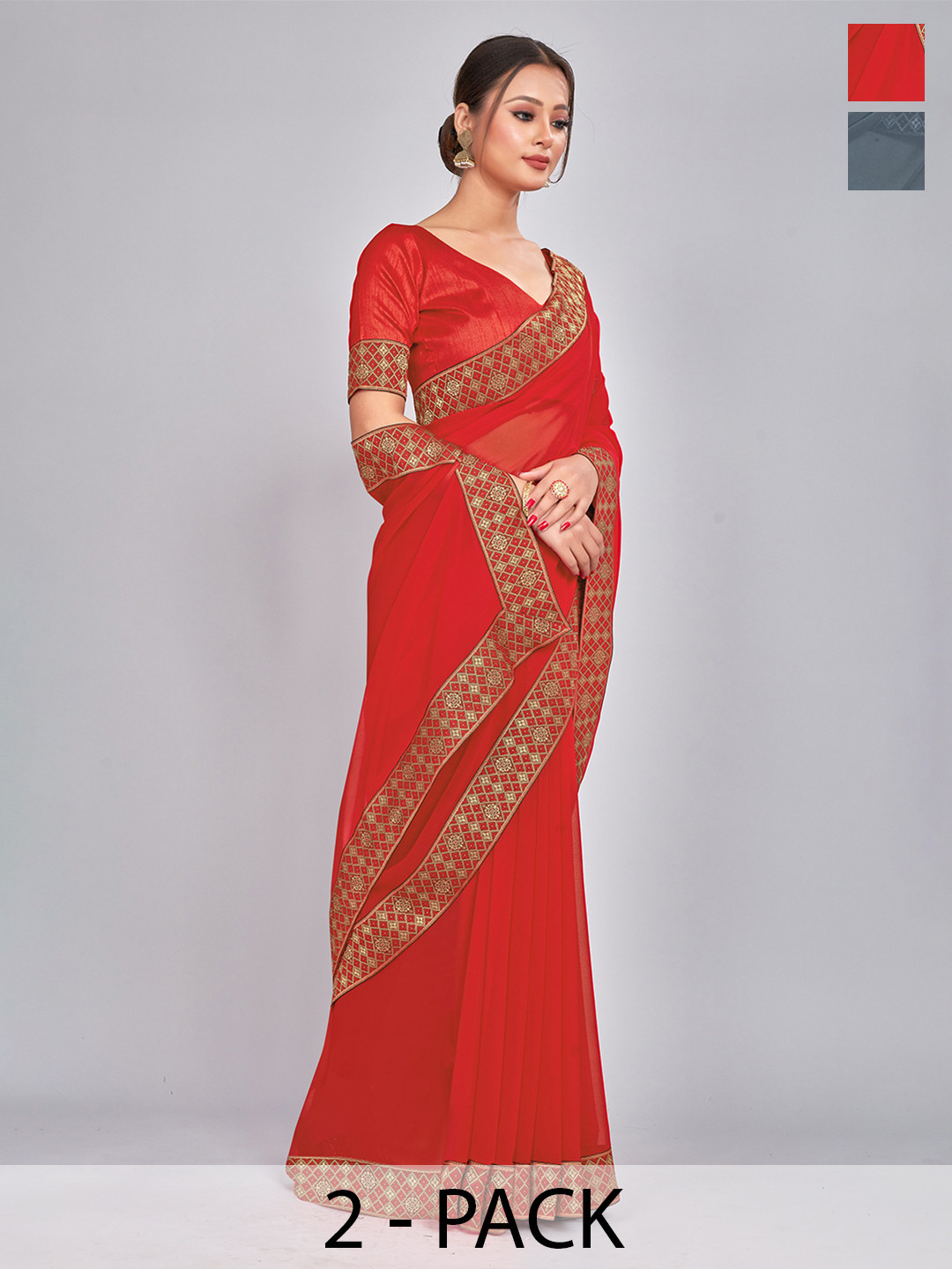 

CastilloFab Selection Of 2 Pure Georgette Sarees, Red