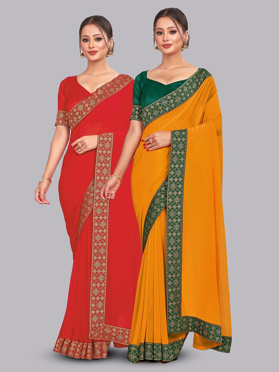 

CastilloFab Selection Of 2 Zari Pure Georgette Saree, Red