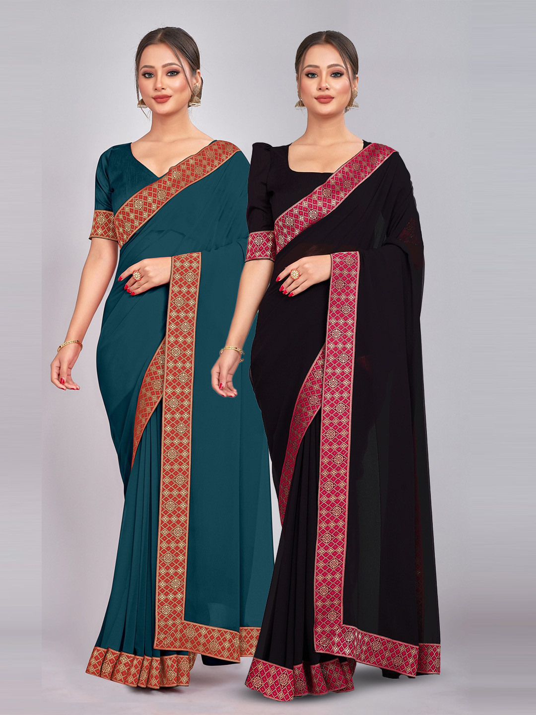

CastilloFab Selection Of 2 Pure Georgette Saree, Teal