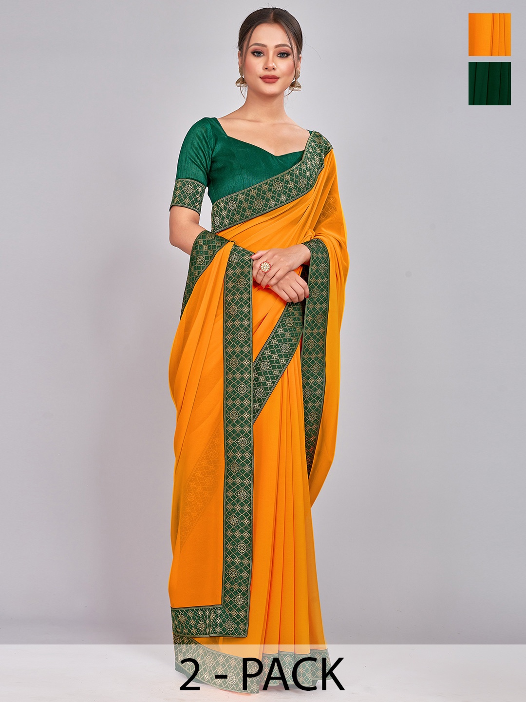 

CastilloFab Selection Of 2 Zari Pure Georgette Saree, Mustard