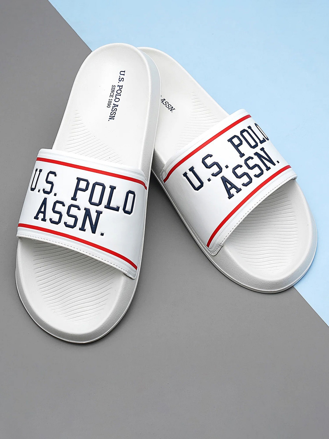 

U.S. Polo Assn. Men Brand Logo Printed Sliders, Off white