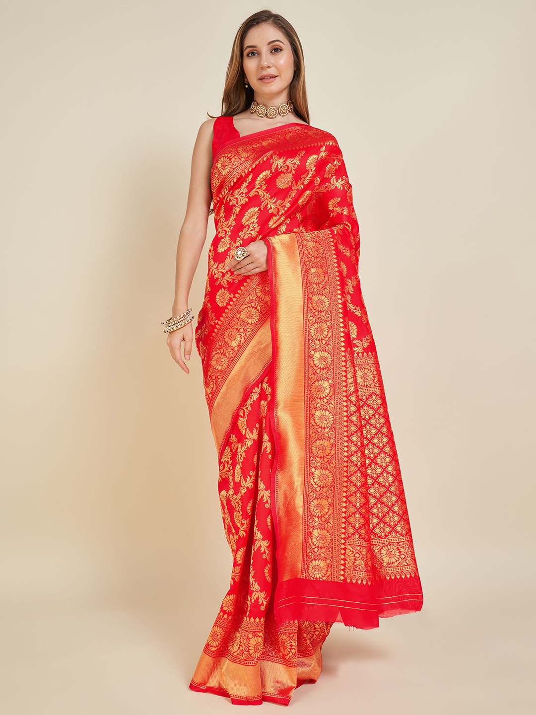 

NIWAA Woven Design Zari Silk Blend Kanjeevaram Saree, Red