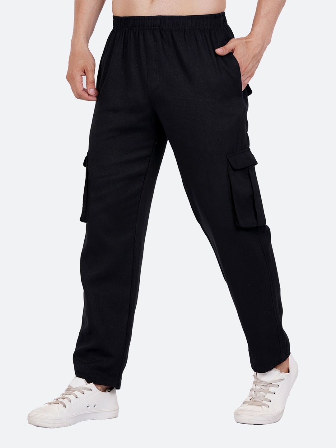 

Mad Over Print Men Relaxed Loose Fit Cotton Cargo Trousers, Black