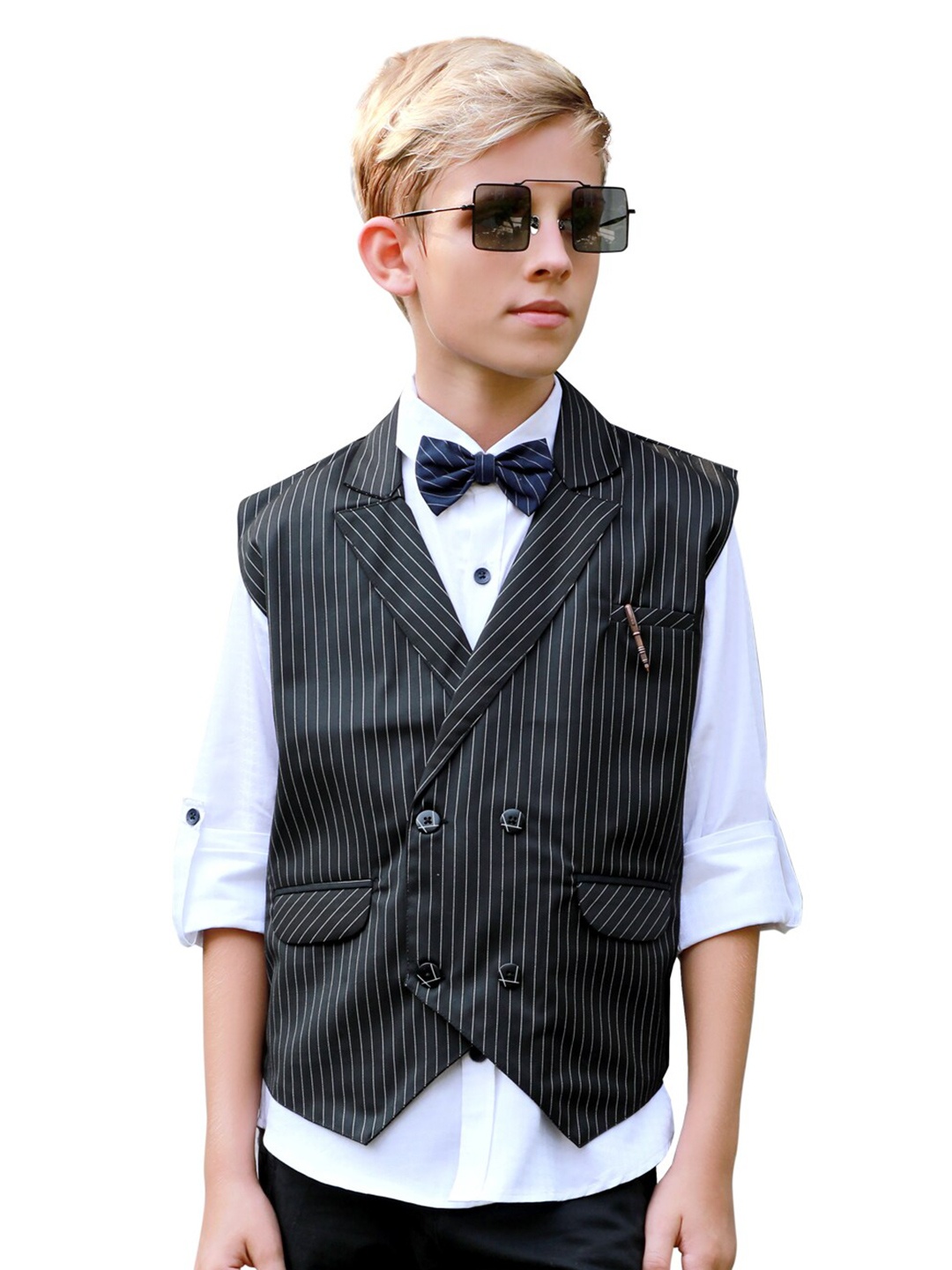 

BAESD Boys Party Shirt With Striped Waistcoat & Bow Tie, Black