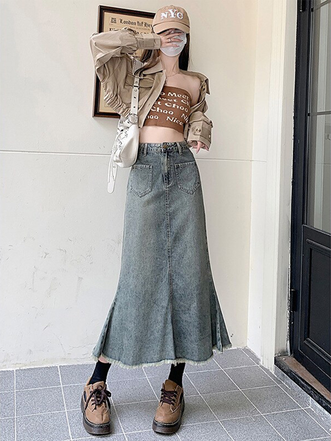 

StyleCast Blue High-Rise Flared Denim Midi Skirt