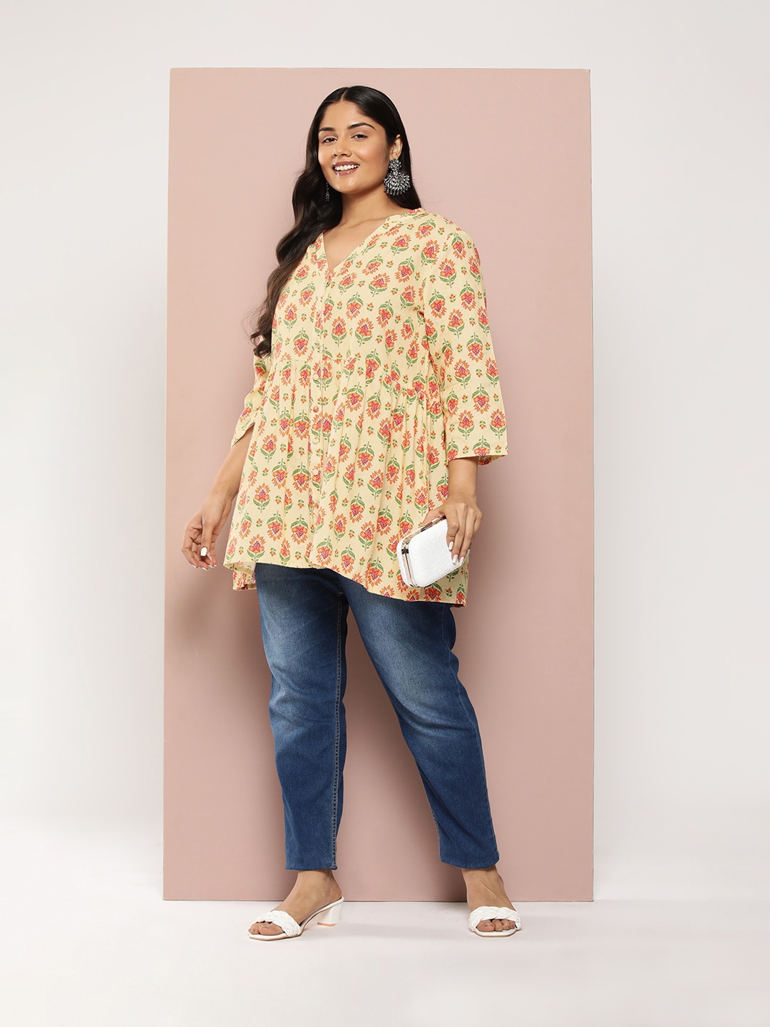 

Sztori Plus Size Ethnic Motifs Printed Pure Cotton Pleated Kurti, Yellow