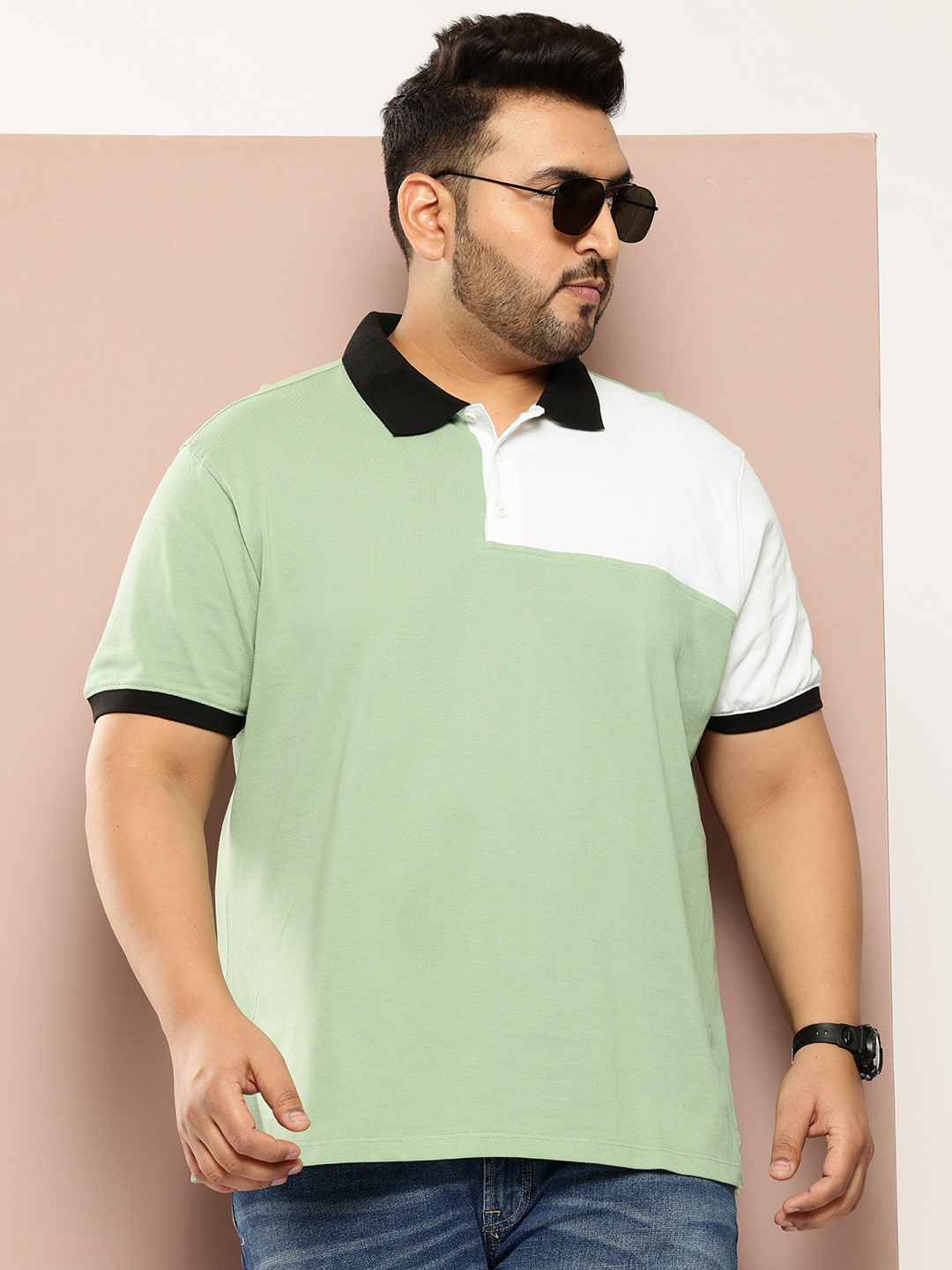 

Sztori Plus Size Colourblocked Polo Collar Pure Cotton T-shirt, Green