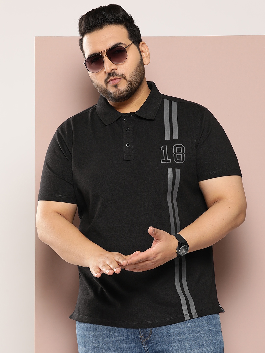 

Sztori Plus Size Striped Polo Collar T-shirt, Black