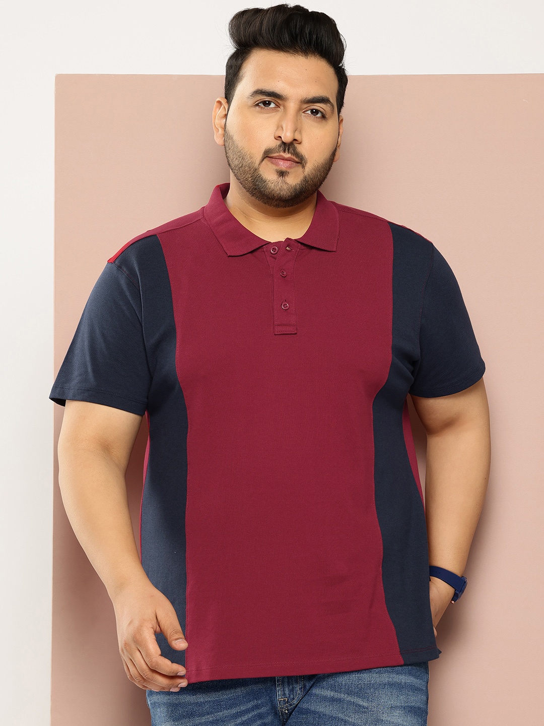 

Sztori Plus Size Colourblocked Polo Collar T-shirt, Maroon